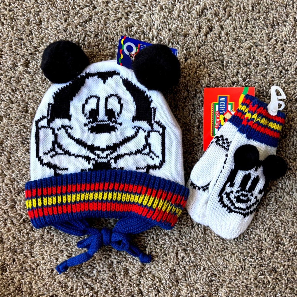 Vintage Disney Mickey Mouse Kids Beanie and Mittens Set White Blue Toddler